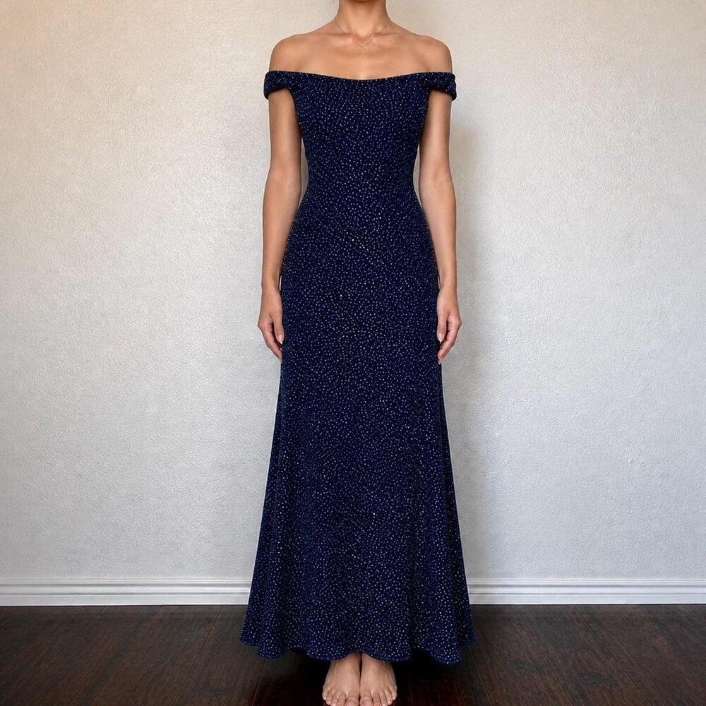 RARE Vintage Gunne Sax Navy Glitter Off Shoulder Maxi Gown Sz S